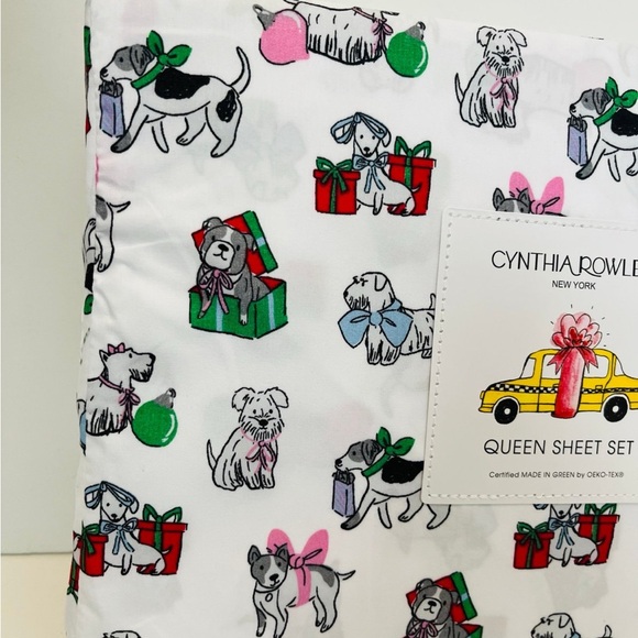 Cynthia Rowley Puppy Cheer Queen Size Sheet Set Presents Bows Ornaments Gifts - Picture 3 of 12